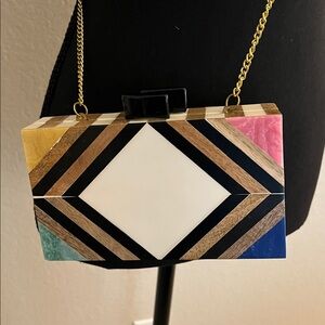 Modern Geometric Wood & Resin Clutch with Gold Chain Strap